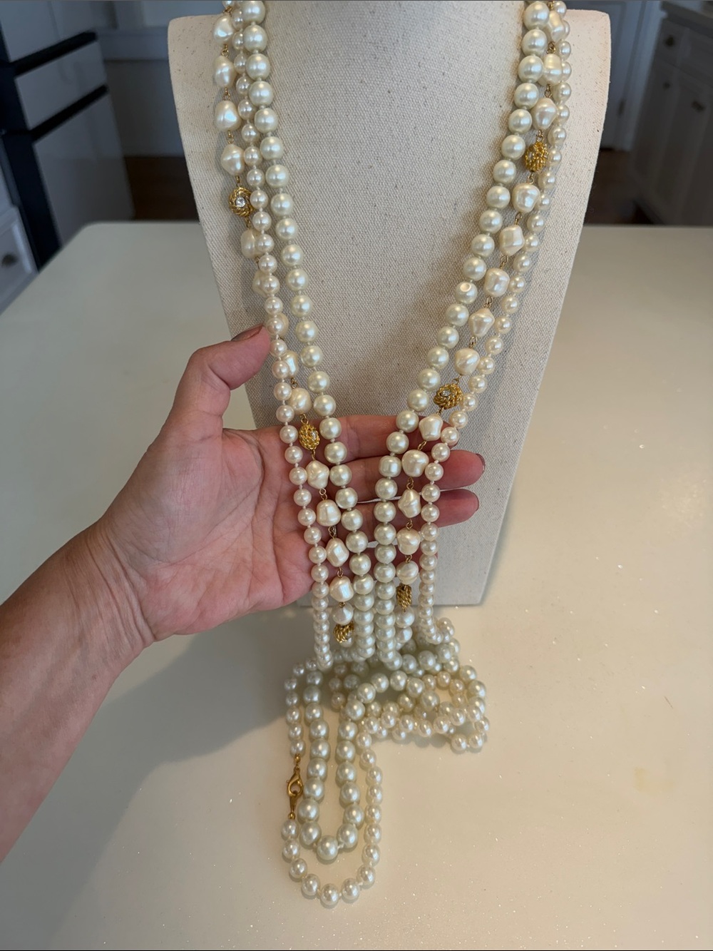 Multi-Strand Pearl Necklaces with Gold Accents - Ivory and cream 3 necklaces
